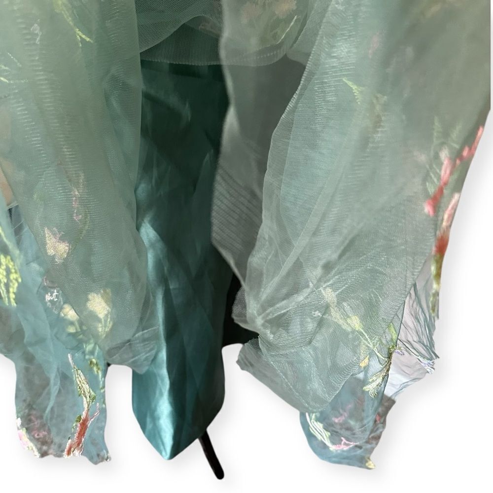 Corset Floral Embroidered Green Ruched Layered Tulle Flower  Midi Prom Dress - Picture 9 of 13